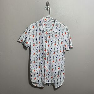 The Rail Button Front Shirt Mens Size XL SS White Blue Red Abstract Print Hi Lo